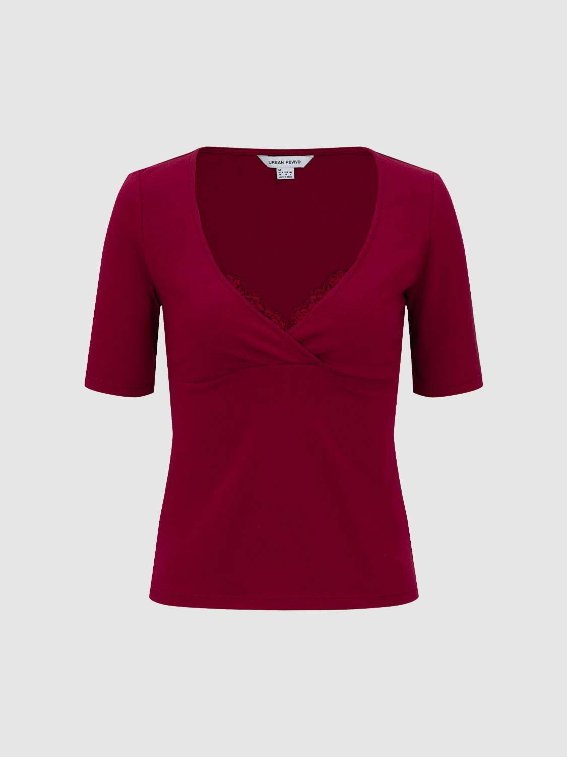 Cotton jersey knit short-sleeve wrap T-shirt with lace trim, wine red, Urban Revivo