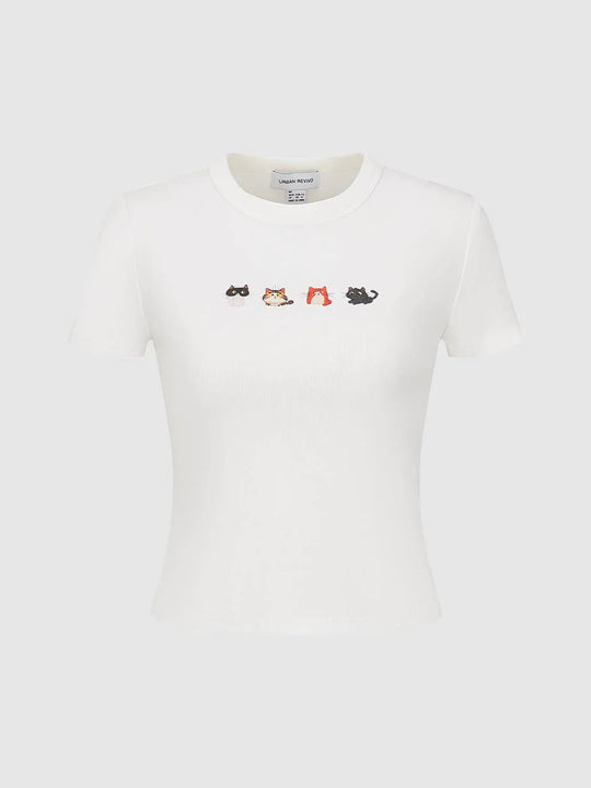 Cotton Embroidered Cat Motifs T-Shirt