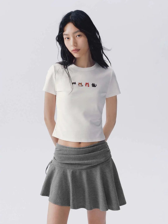 Cotton Embroidered Cat Motifs T-Shirt