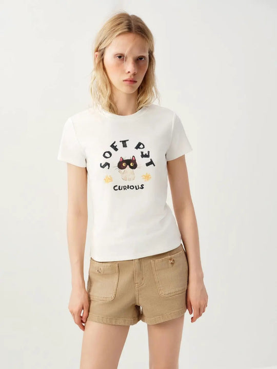 Cotton Cat Graphic With Floral Accents T-Shirt