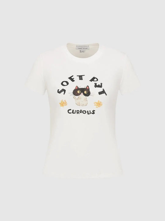 Cotton Cat Graphic With Floral Accents T-Shirt