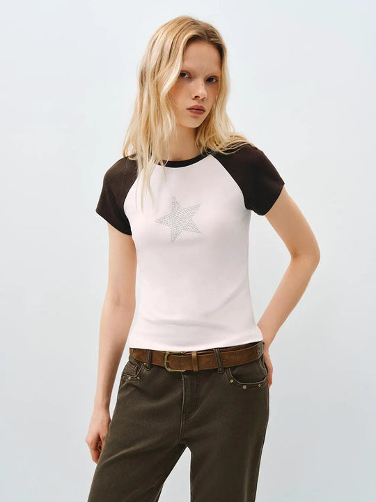 Color Block Star Embellished Short Sleeve T-shirt