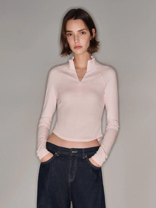 Ribbed Crop Zip Necklong Sleeve Tshirt