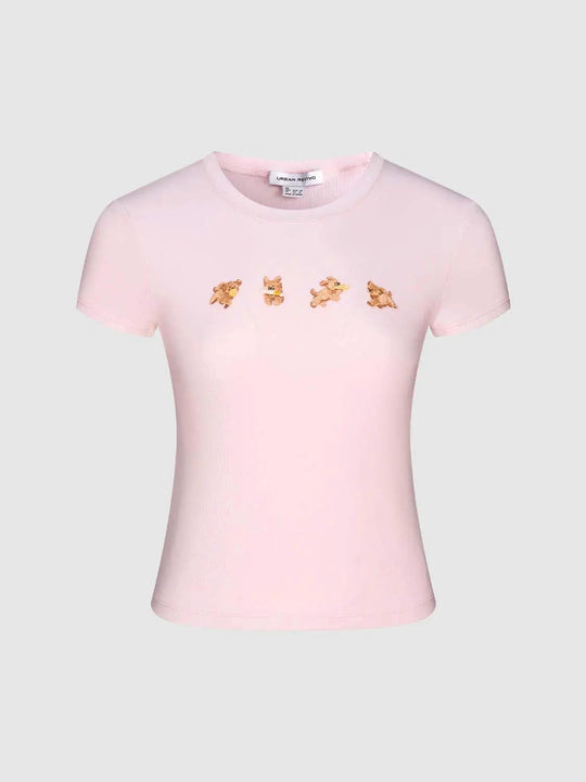 Bear Print Crew Neck Cotton Lyocell Blend T-shirt