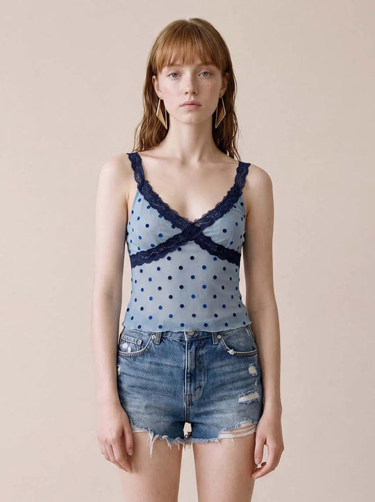 Lace Trim Polka Dot Light Blue Sleeveless Cami Top
