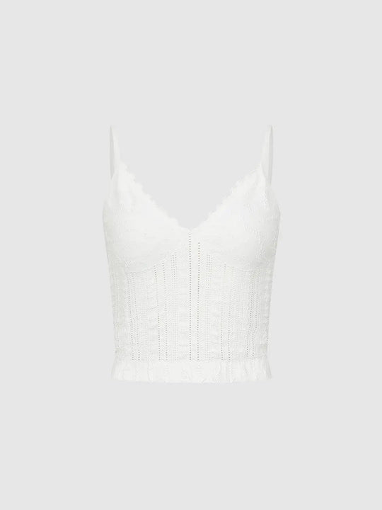 Scalloped Lace Trim V-neck Knit Tank Top