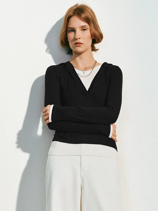 Long Sleeve V-neck Knit Lyocell Wool T-shirt