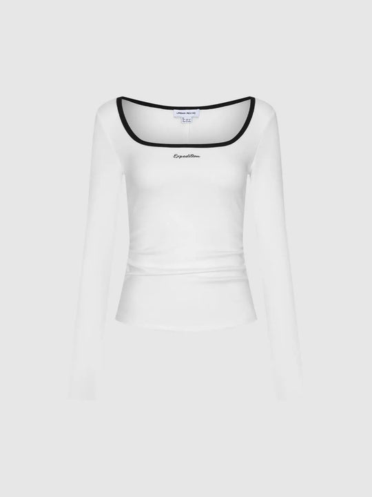 Embroidered Contrast Trim Fitted Long Sleeve T-Shirt