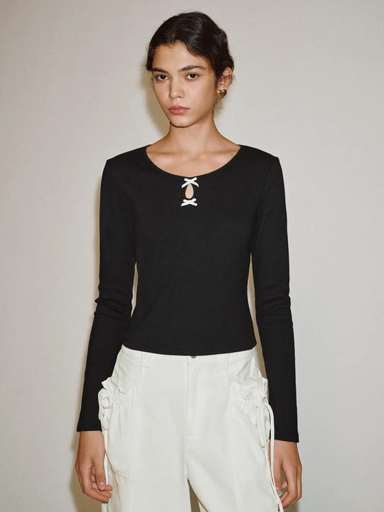 Lace Up Front Long Sleeve Cotton Blend T-shirt
