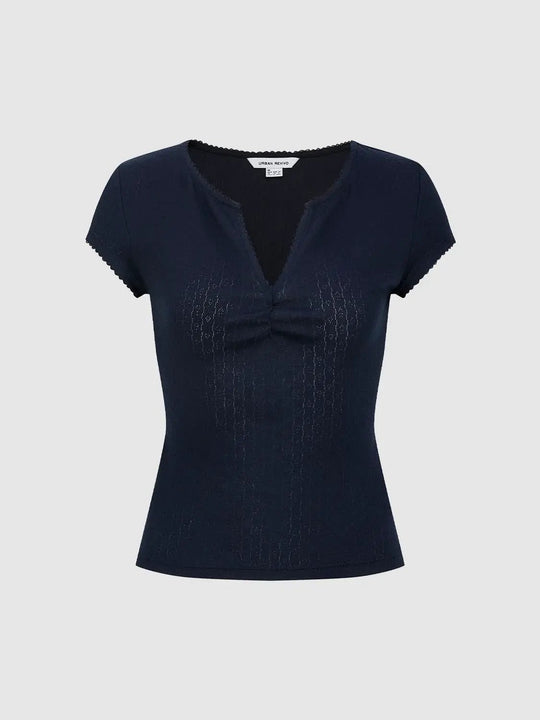 Ruched Front Knot V-neck Short Sleeve T-shirt