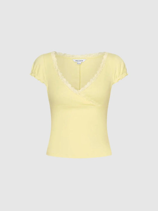 Lace Trim Ruffled Scoop Neck Cotton Tee