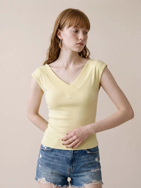 Ribbed V-neck Cap Sleeve Fitted Cotton Blend T-shirt