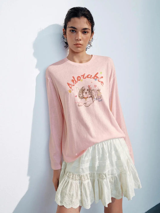 Soft Pink Dog Print Cotton Blend T-shirt