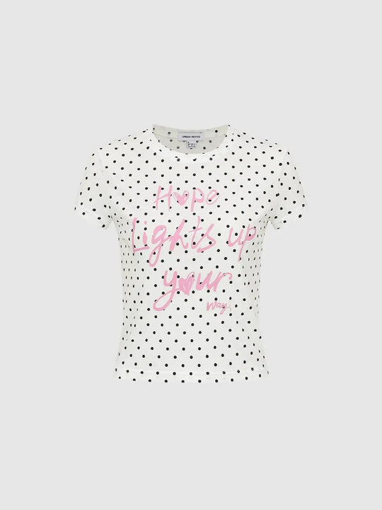 Polka Dot Text Print Short Sleeve Cotton Blend T-Shirt
