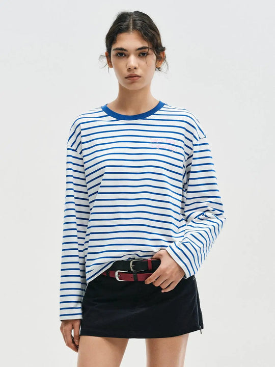ストライプ柄クルーネック長袖コットンTシャツ