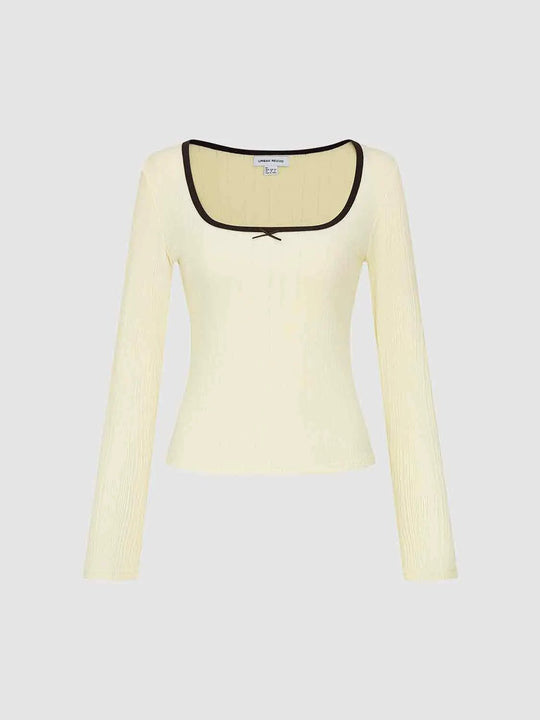 Ribbed Square Neck Long Sleeve Cotton Blend T-shirt