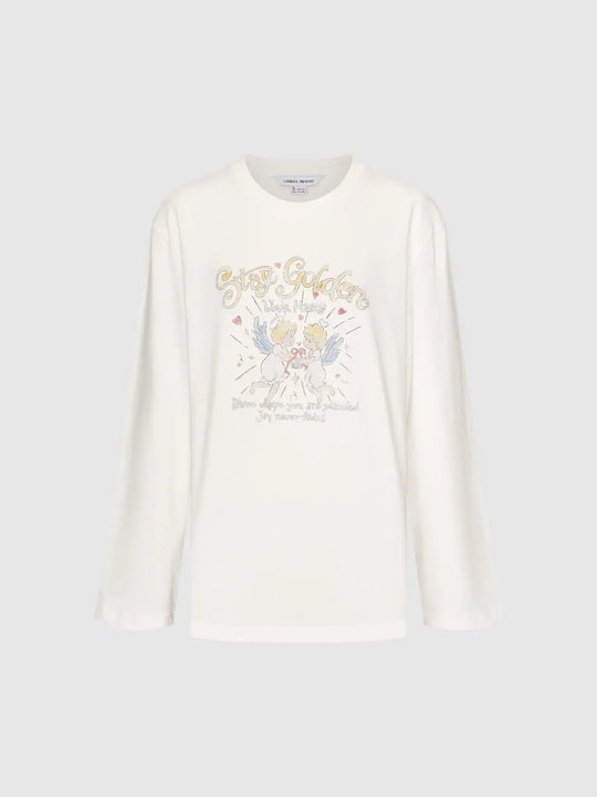 Printed Crew Neck Long Sleeve Cotton Blend T-shirt