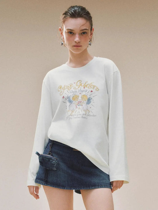 Printed Crew Neck Long Sleeve Cotton Blend T-shirt