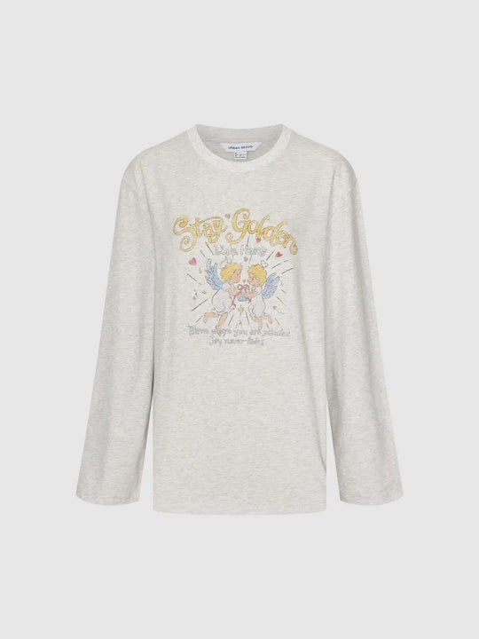 Graphic Print Crew Neck Long Sleeve Cotton Blend T-shirt