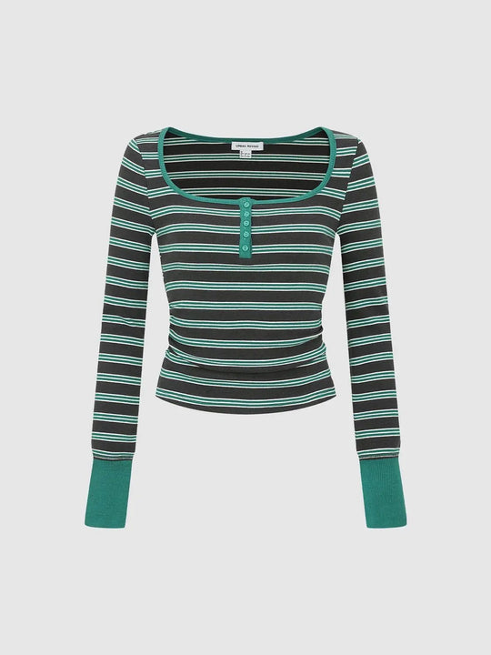 Striped Square Neck Long Sleeve Cotton Blend T-Shirt