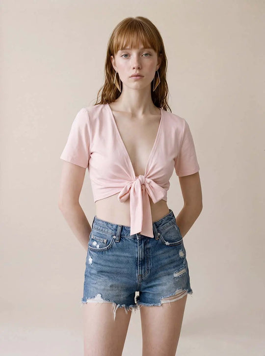 Tie Front Deep V-neck Short Sleeve Modal T-shirt