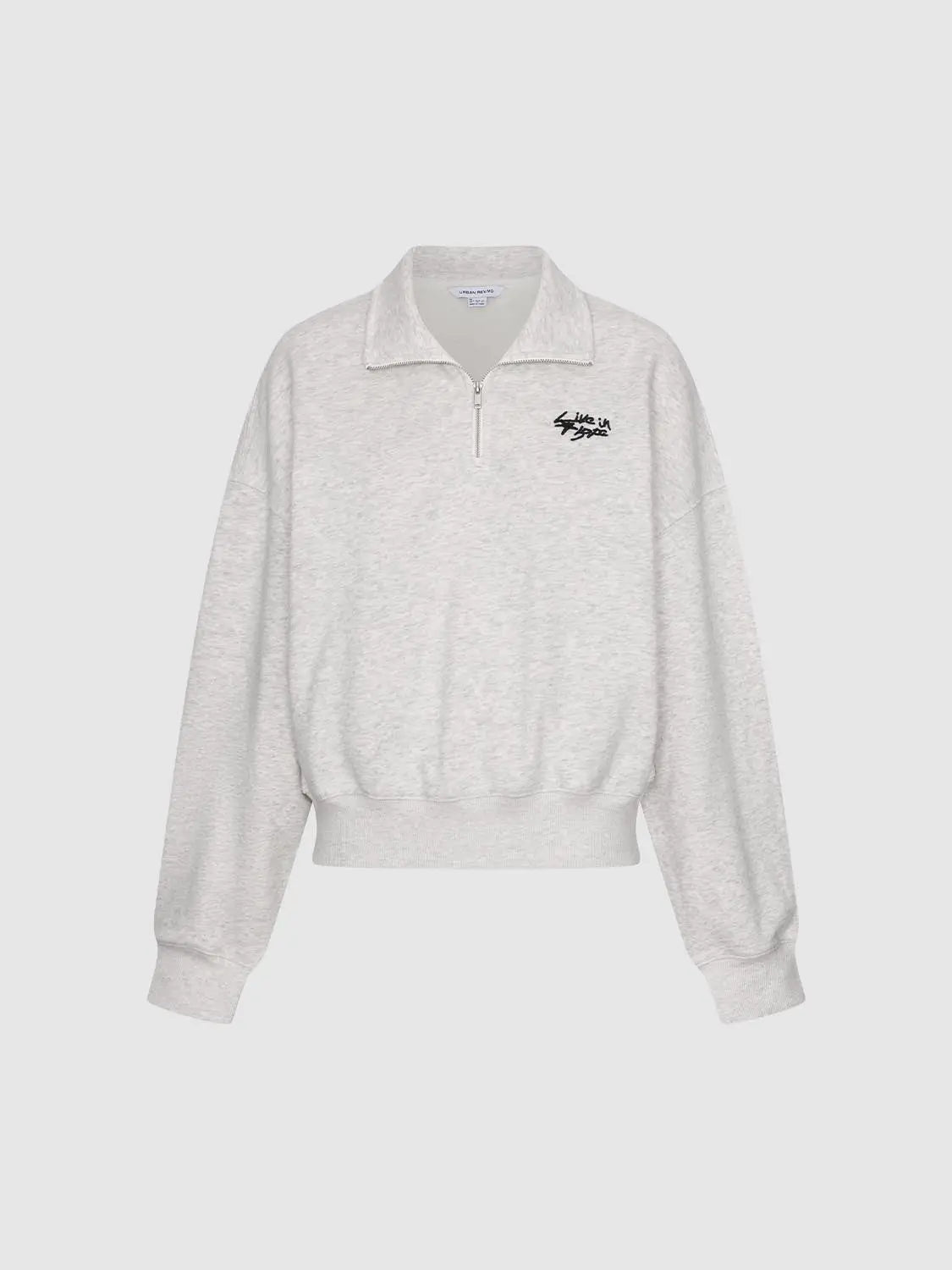 Sweatshirt in heather gray with half-zip collar, ribbed cuffs/hem, and small black script logo on left chest.