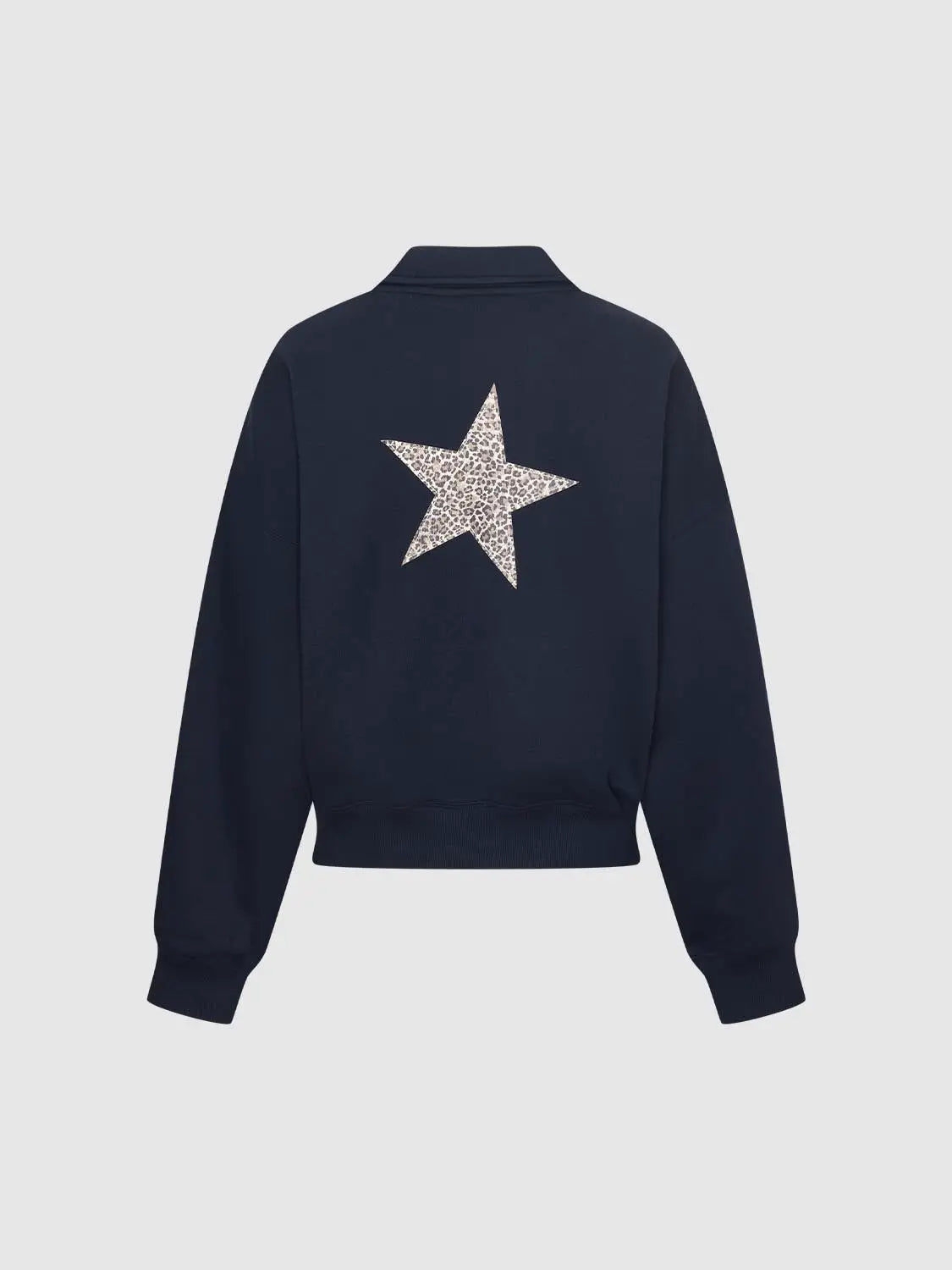 Navy sweatshirt with leopard-print star graphic on back