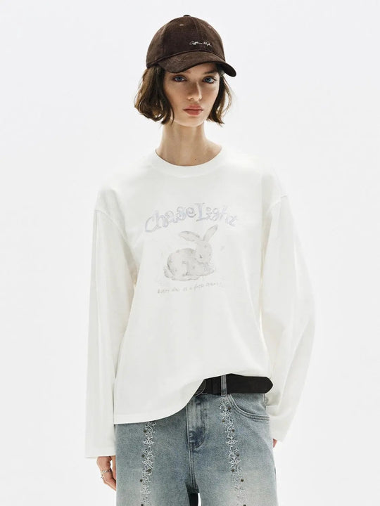 Graphic Print Crew Neck Long Sleeve Cotton Blend T-Shirt