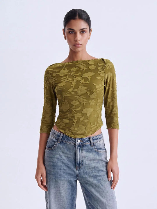 Floral Textured Boat Neck Long Sleeve Fitted T-Shirt