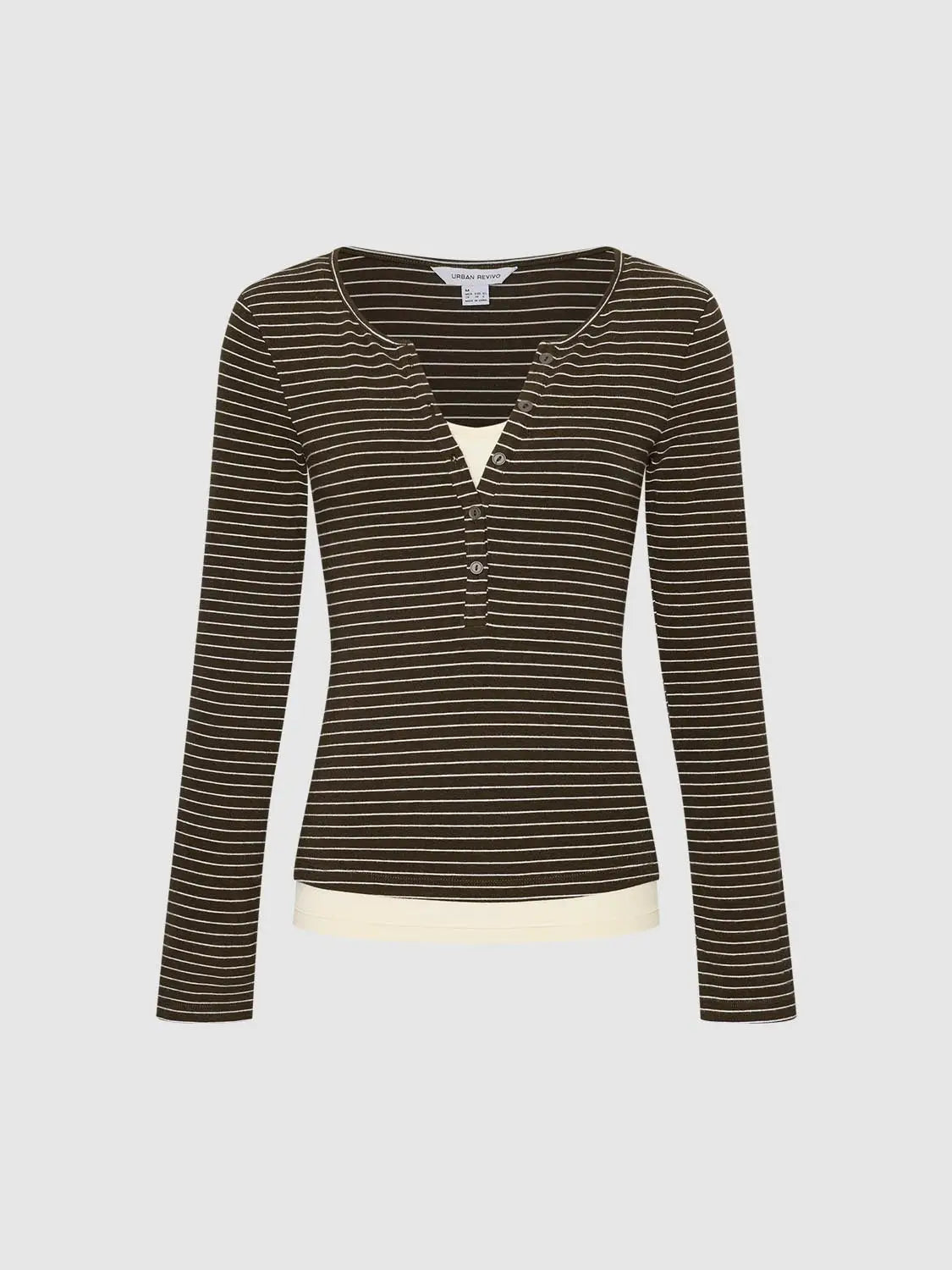 T-shirt by Urban Revivo brown striped long-sleeve with button placket and white stripes