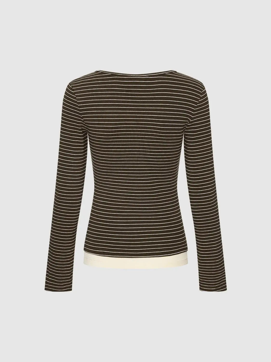 T-shirt brown with white horizontal stripes, long sleeves, cream hem