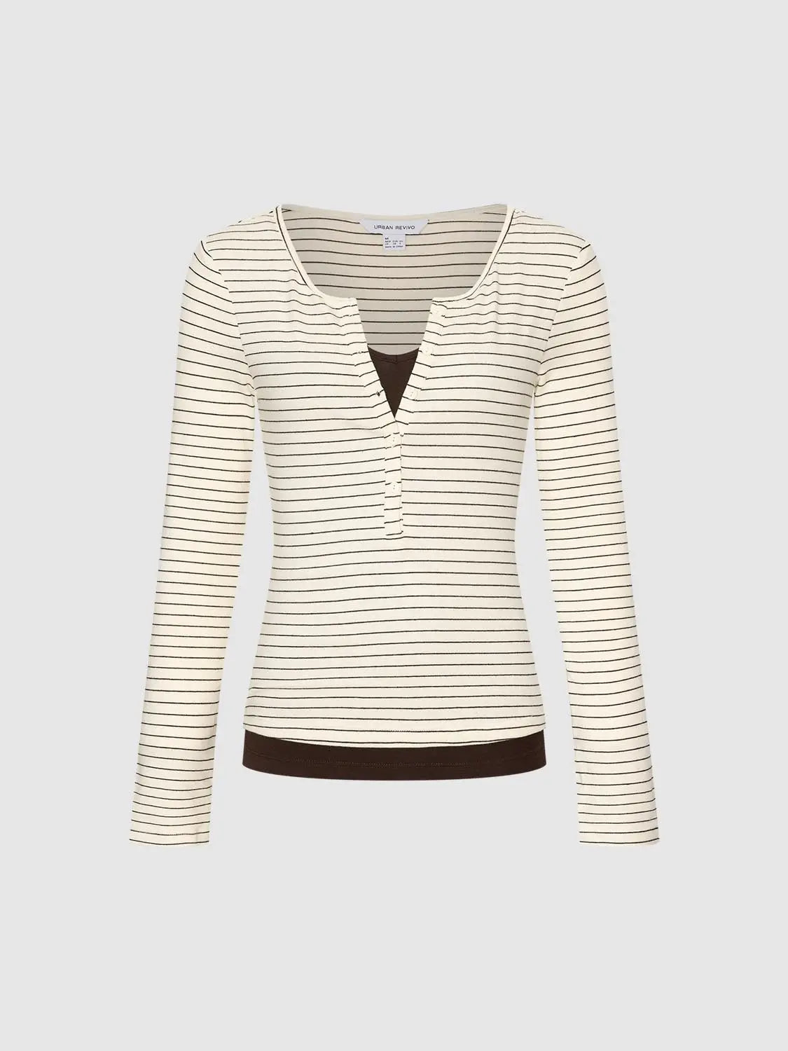 T-shirt by Urban Revivo; cream striped long-sleeve with black stripes and brown hem