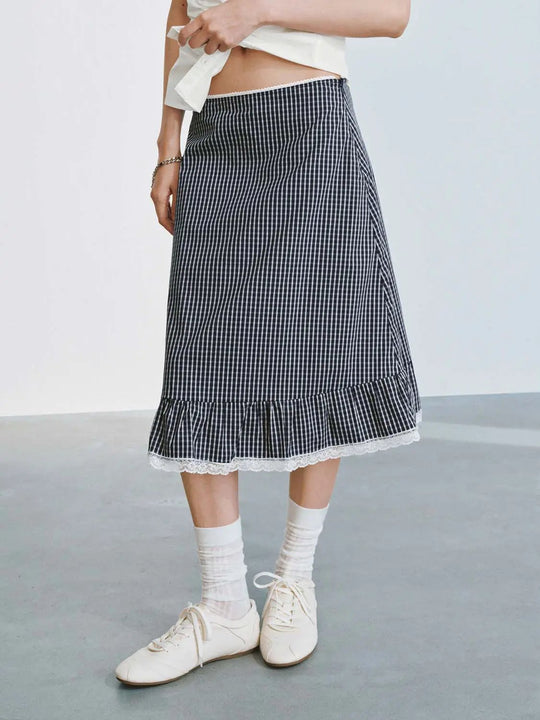 Cotton Ruffle Hem Check A Line Midi Skirt