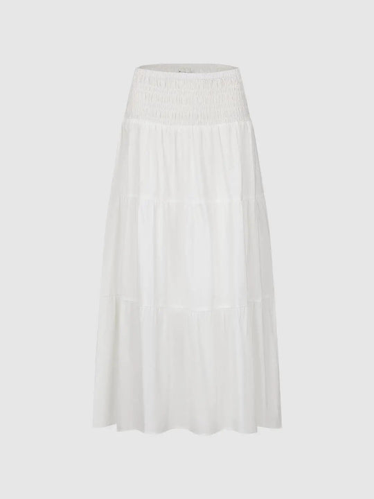 Elegant Shirred Cotton Tiered Pull-On A-Line Midi Skirt