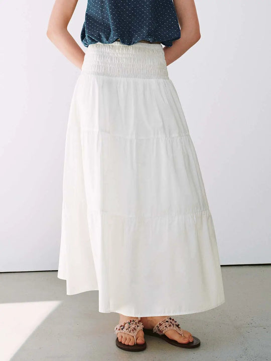 Shirred Cotton Tiered Pull-On A-Line Midi Skirt