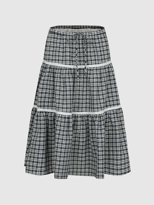 Gingham Check Two-Tier Lace Trim Drawstring Waist Subtle Detailing Skirt