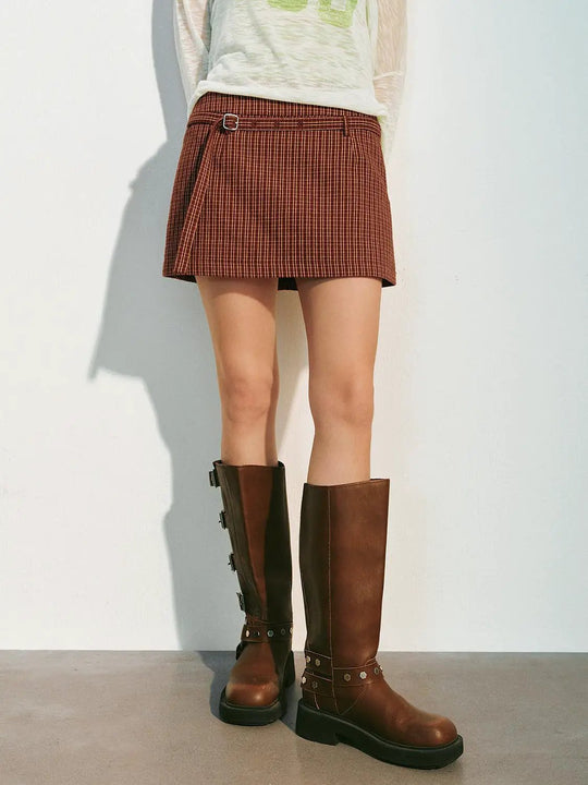 H-Line Cotton Belted Plaid Mini Length Skirt