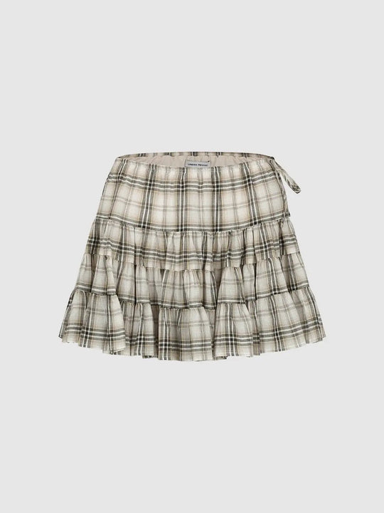 A-line Plaid Layered Ruffle Cotton Skirt