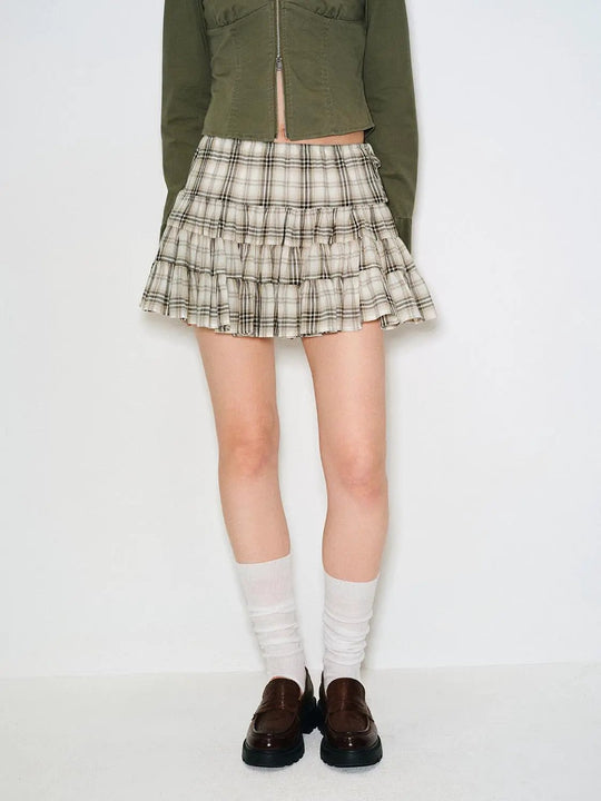 A-line Plaid Layered Ruffle Cotton Skirt