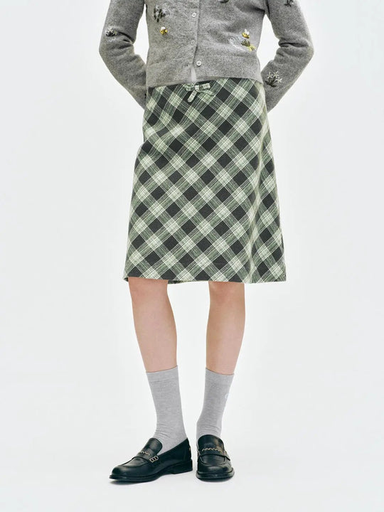 Bow Waist Plaid A-Line Mini Wool Blend Skirt
