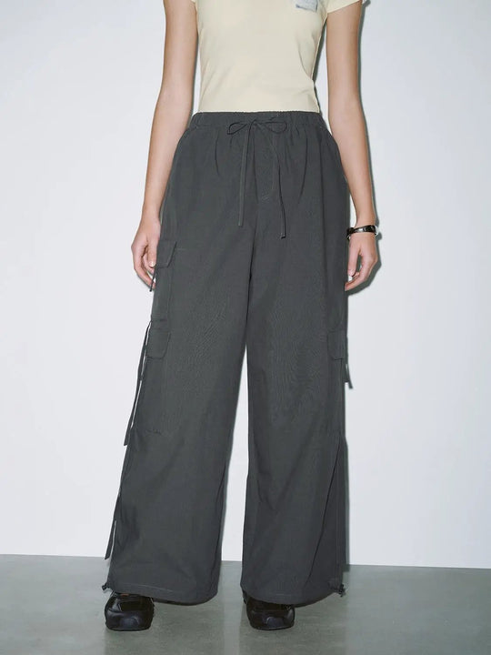Drawstring Pull On Flap Pocket Wide Leg Cargo Pants