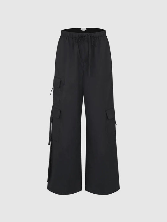 Drawstring Wide Leg Cargo Pants With Flap Pockets