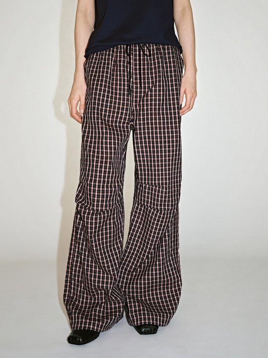 Drawstring Pull On Contrast Check Wide Leg Pants