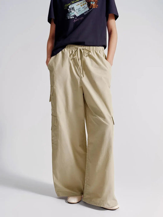 Drawstring Pull On Cargo Pants With Flap Pockets And Wide Leg