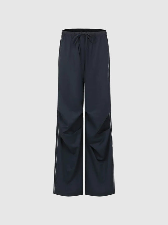 Side Stripe Drawstring Pleated Wide Leg Pants Pull On Comfort