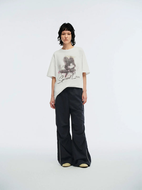 Side Stripe Drawstring Pleated Wide Leg Pants Pull On Comfort