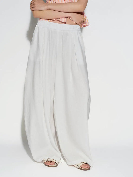 Linen Lyocell Wide Leg Elastic Waist Pull On Pants