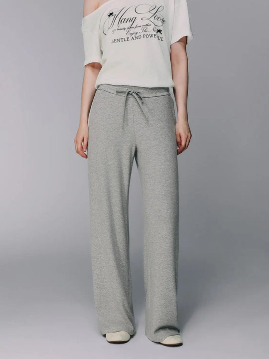 Gray Cotton Blend Drawstring Wide-leg Pants