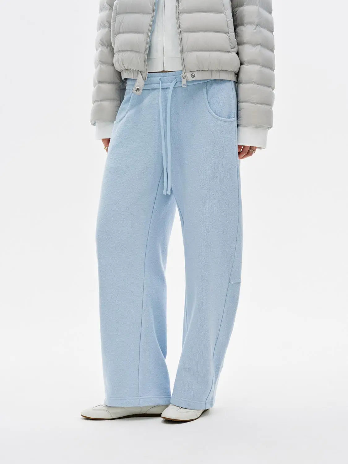 Barrel-Leg Pants in light blue fleece with a drawstring waist.