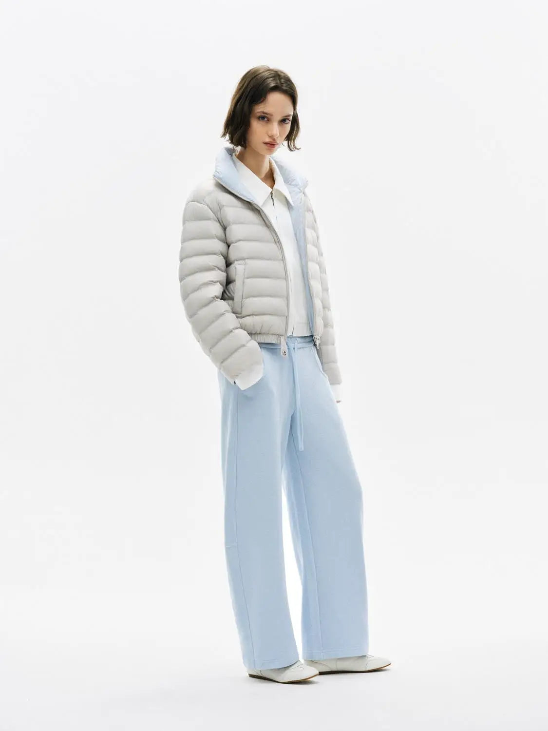 Barrel-Leg Pants, light blue, wide-leg silhouette worn by model